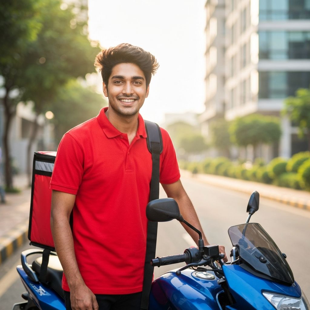 Tiffin Times delivery partner on his motorbike, wearing the signature red T-shirt