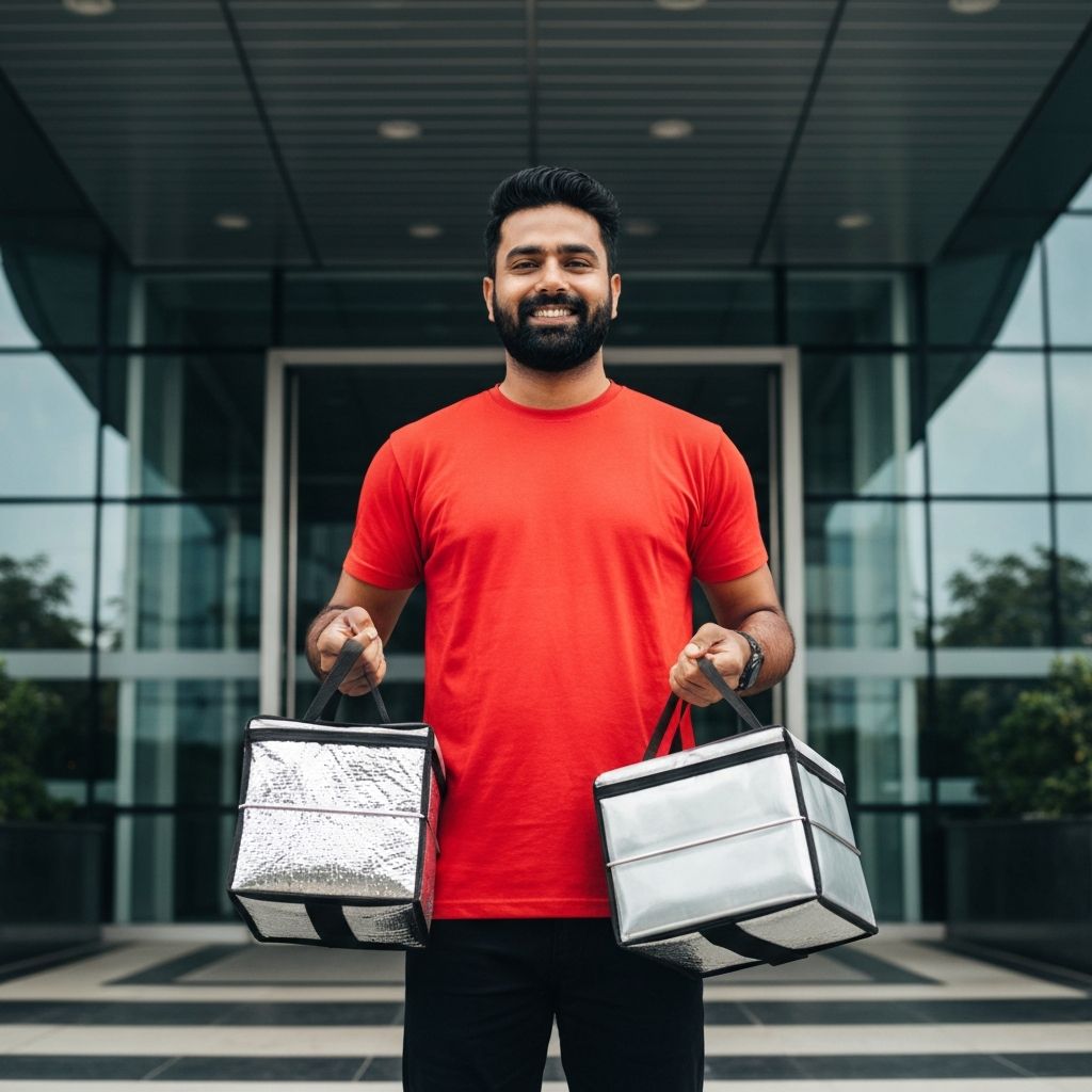 Delivery partner handing over fresh tiffins at an office building