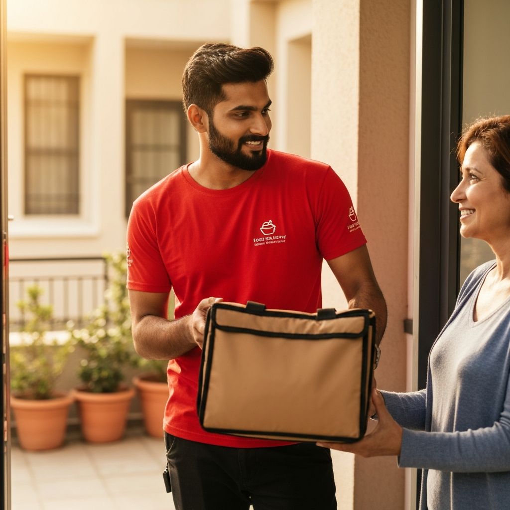 Delivery partner handing meals to a happy customer