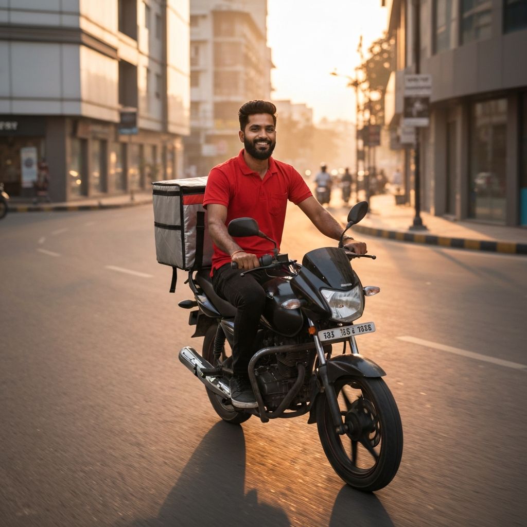Tiffin Times delivery partner in red T-shirt riding through Delhi