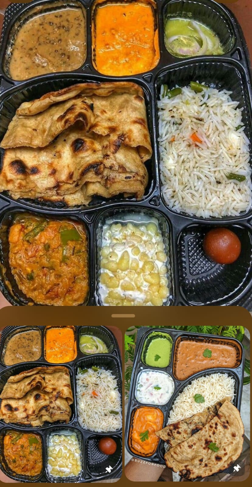 Assorted homemade Indian tiffin meals with dal, rice, roti, paneer, and desserts